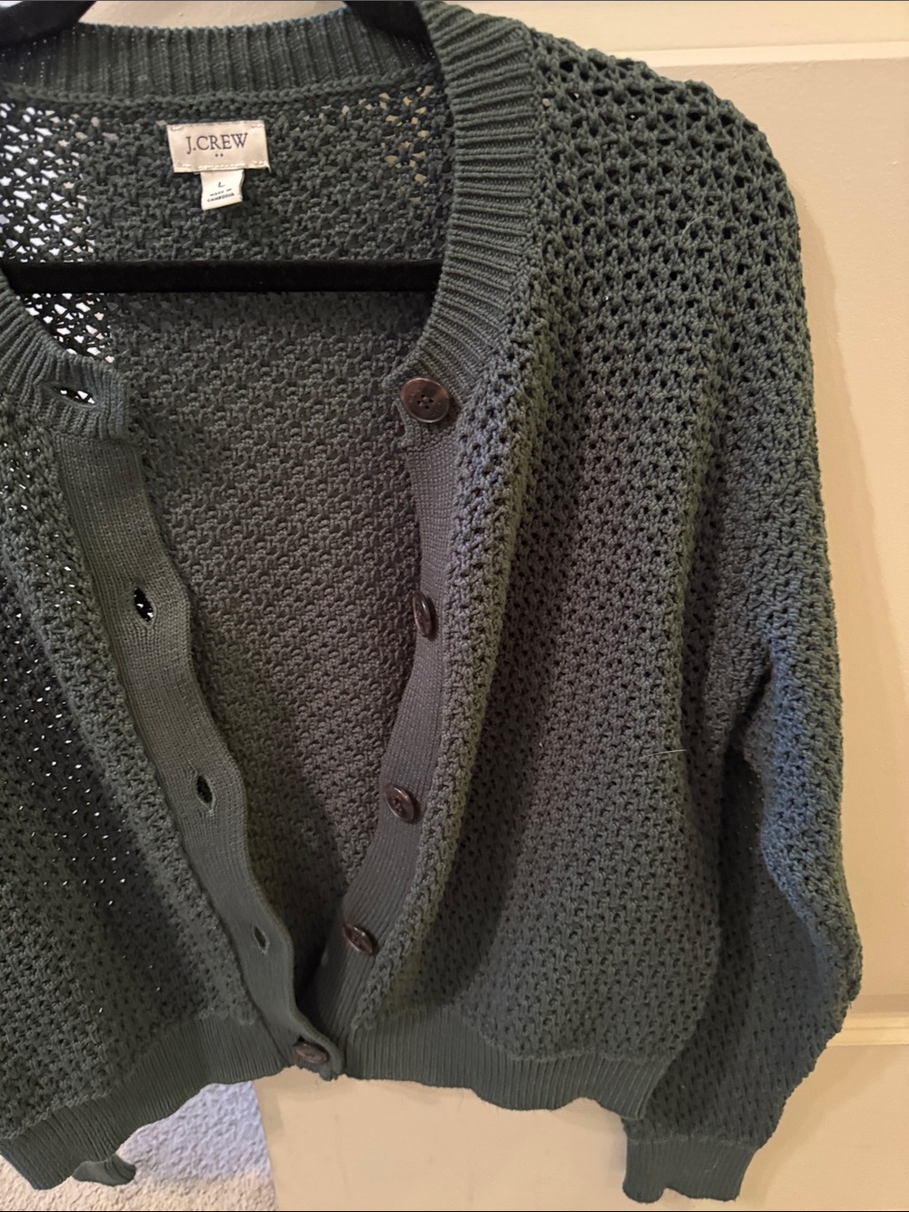 J. Crew Open-Knit Forest Green Cotton Cardigan